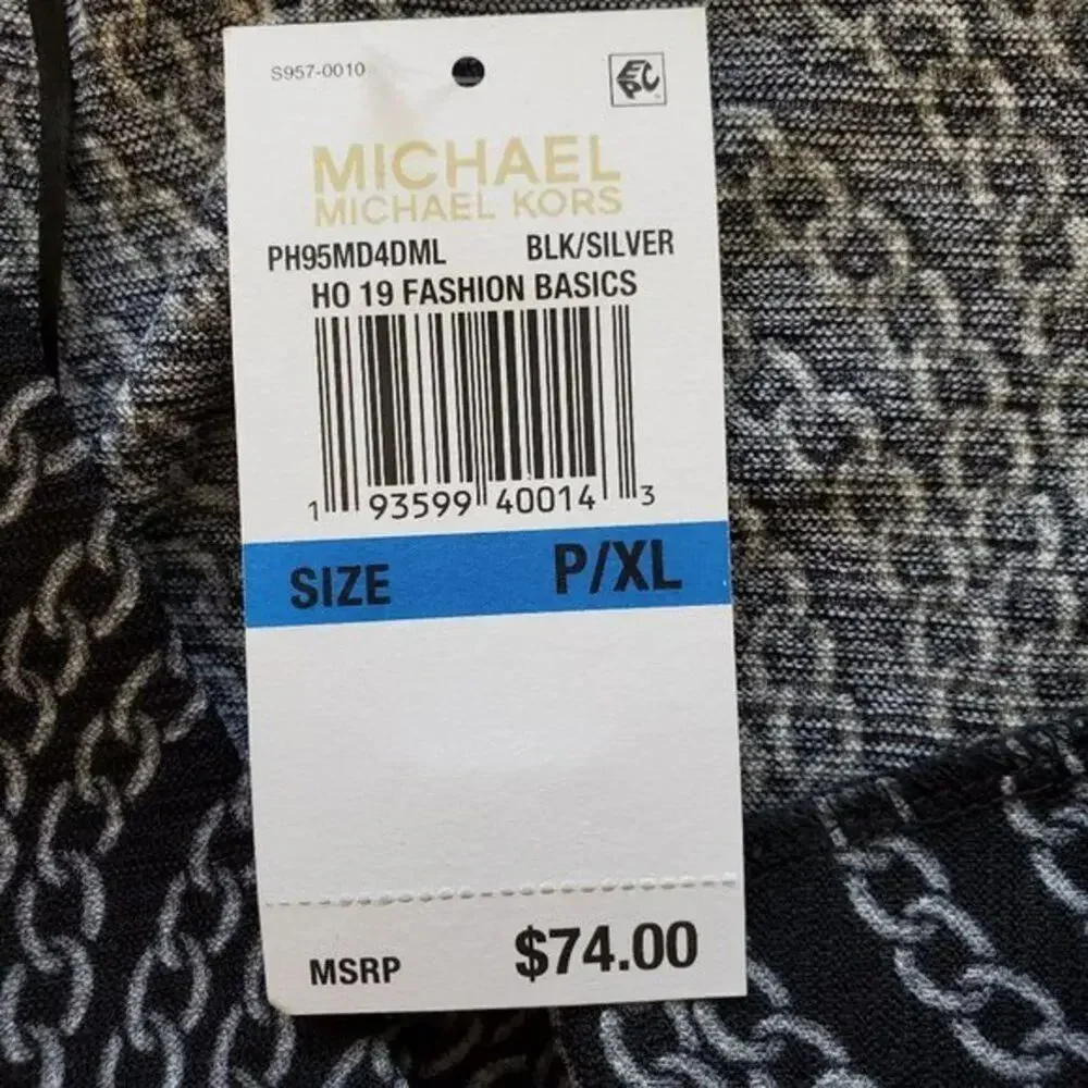 Michael Kors Chain Print Top Women Size PXL Black Silver Short Sleeve NEW